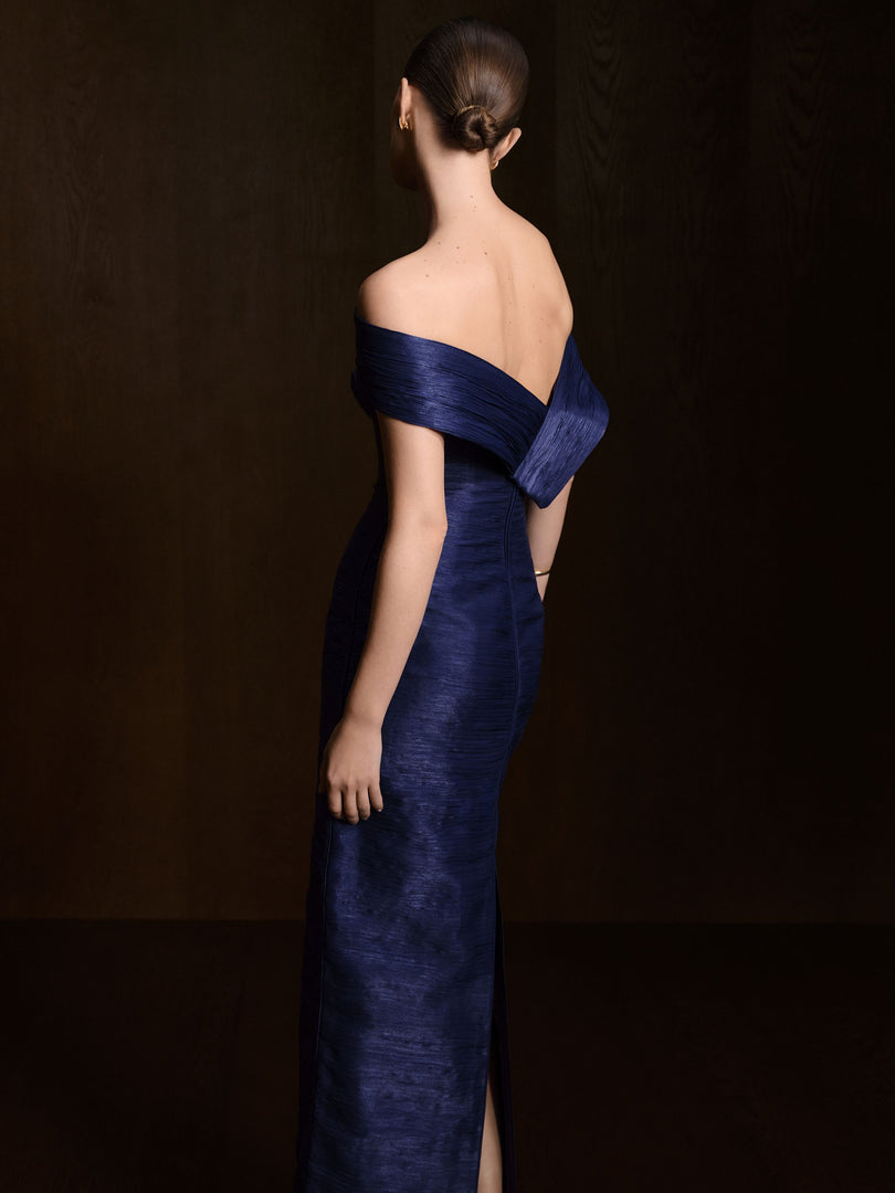 Off-Shoulder Pleated Silk Dress