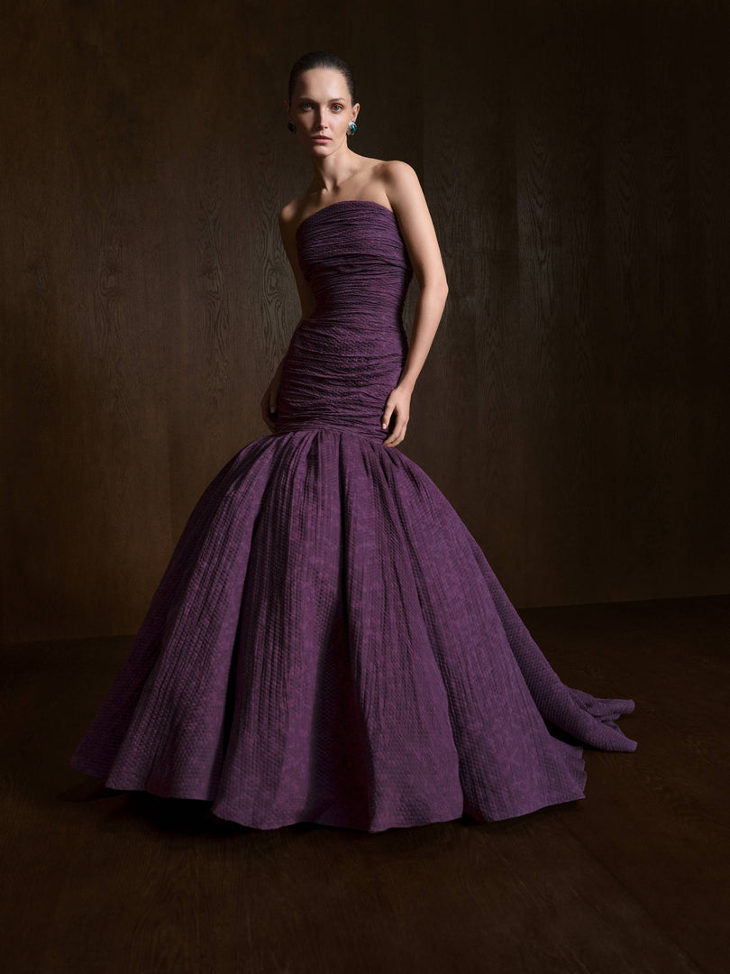 strapless jacquard dress Strapless Fish Cut Jacquard Dress – MARMAR HALIM FASHION DESIGN LLC