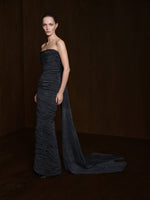 Load image into Gallery viewer, Strapless Pleated Print Satin Dress With Detachable Cape
