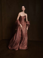 Load image into Gallery viewer, Strapless Pleated Jacquard Lurex Dress With Over Skirt And Cape
