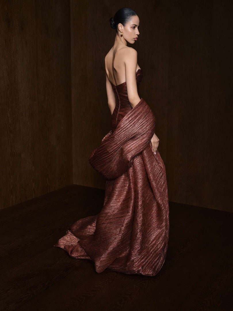 Strapless Pleated Jacquard Lurex Dress With Over Skirt And Cape