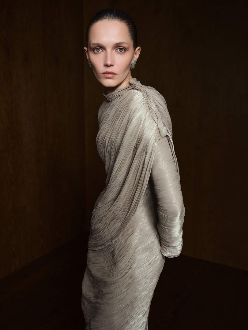 Pleated Silk Dress With Cape