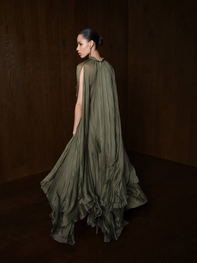 High Neck Pleated Chiffon Silk Dress