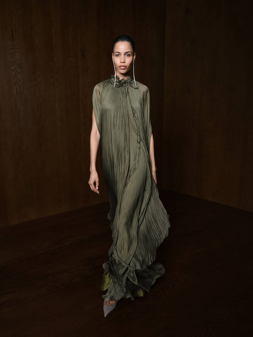 High Neck Pleated Chiffon Silk Dress
