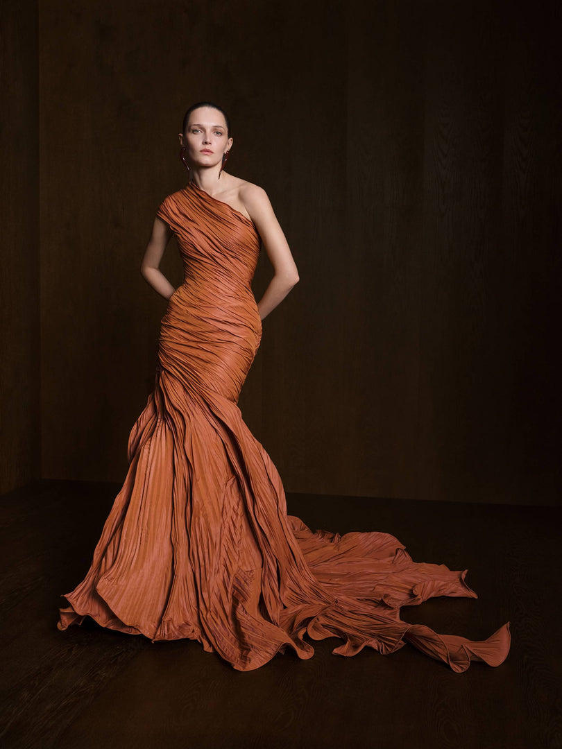 One-Shoulder Fish Cut Pleated Taffeta Dress – MARMAR HALIM