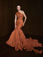 Load image into Gallery viewer, One-Shoulder Fish Cut Pleated Taffeta Dress