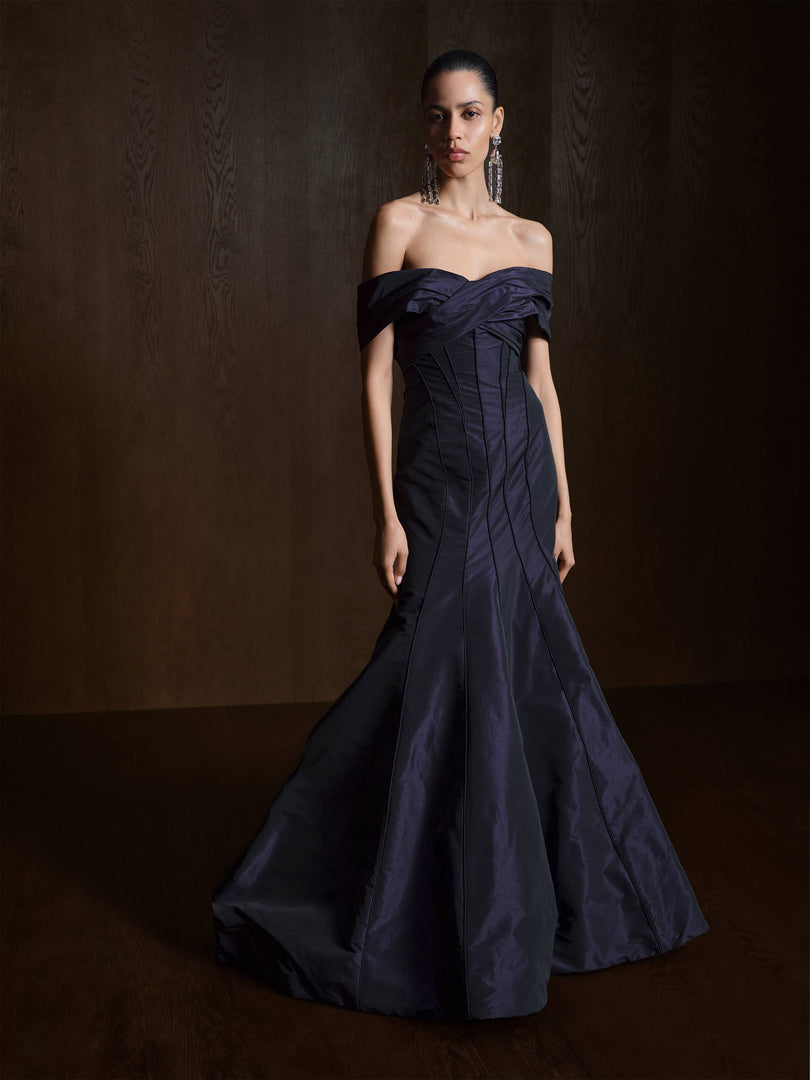 Off-Shoulder Fish Cut Taffeta Dress