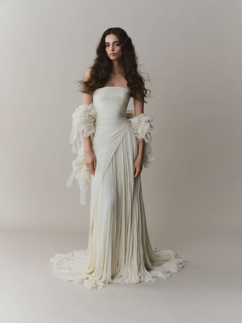 Cape Styled With Strapless Chiffon Georgette Pleated Dress