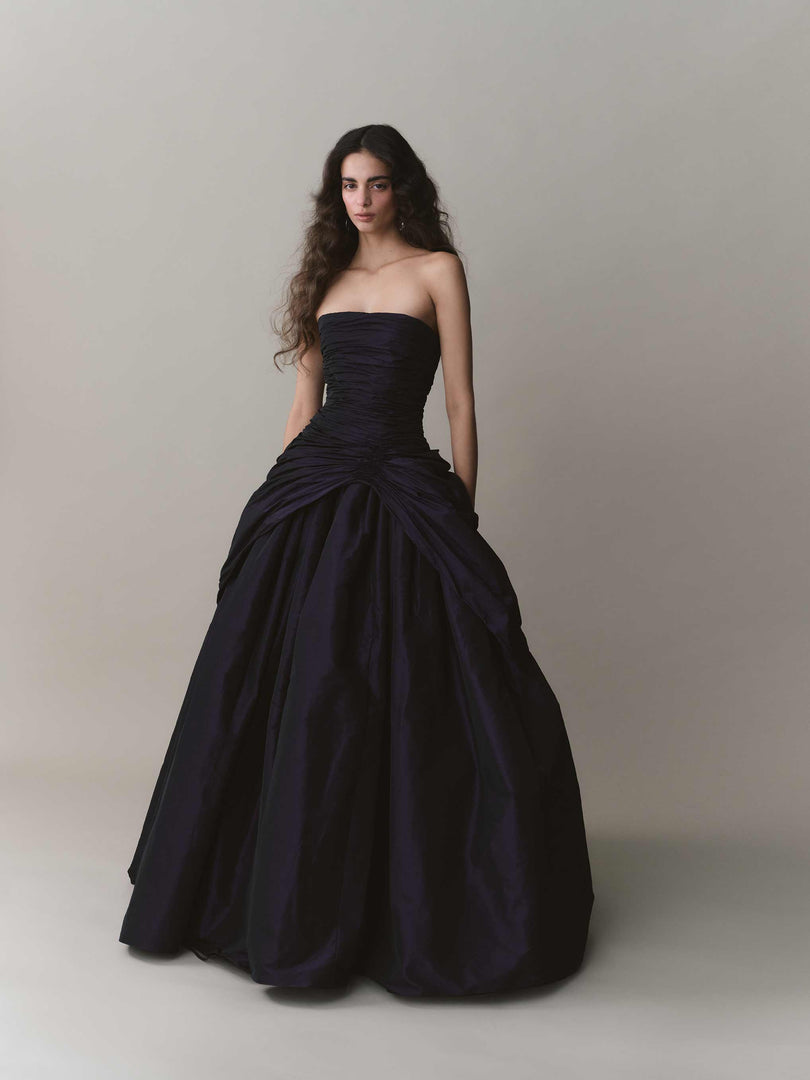 Strapless Draped Taffeta Dress With Wire Outline