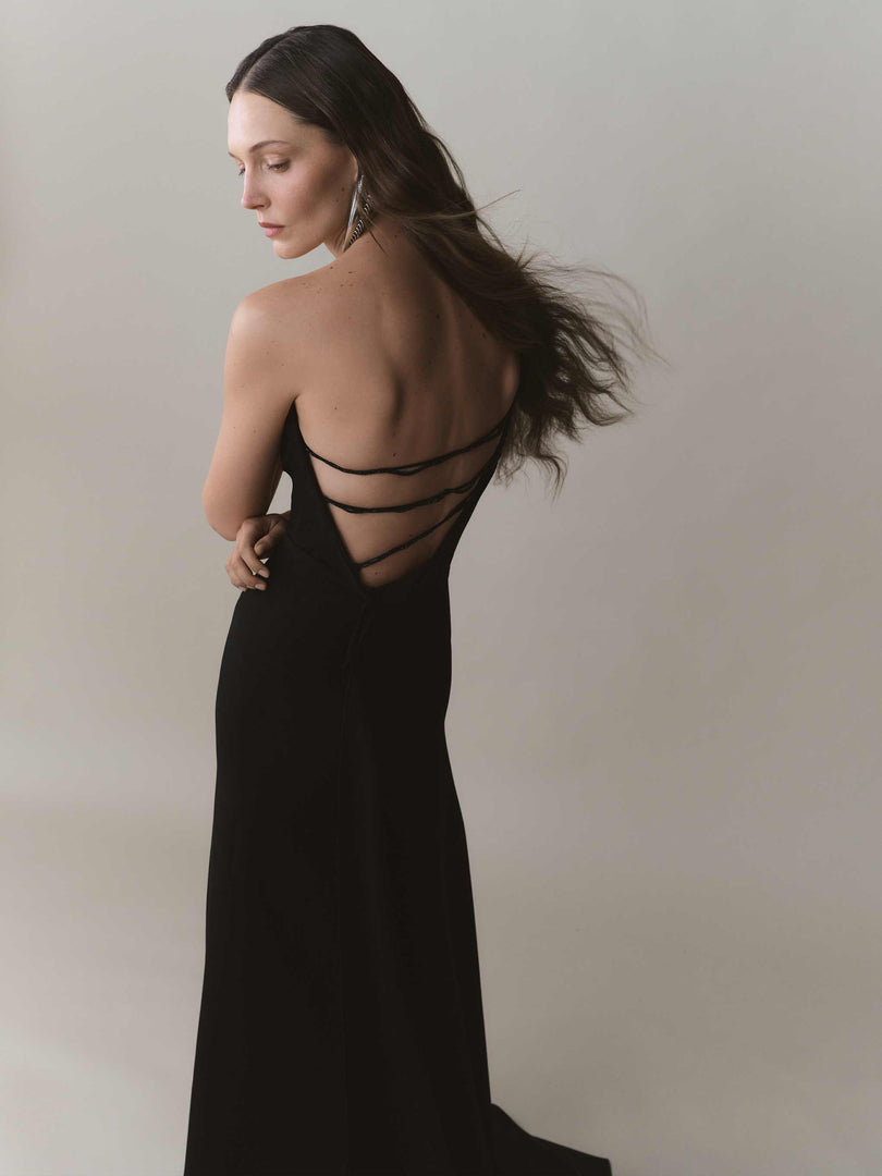 Asymmetrical Crepe Backless Dress With Embroidered Back Straps