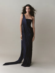 Strapless Crepe Dress With Pleated Satin Cape And Embroidery Brooch