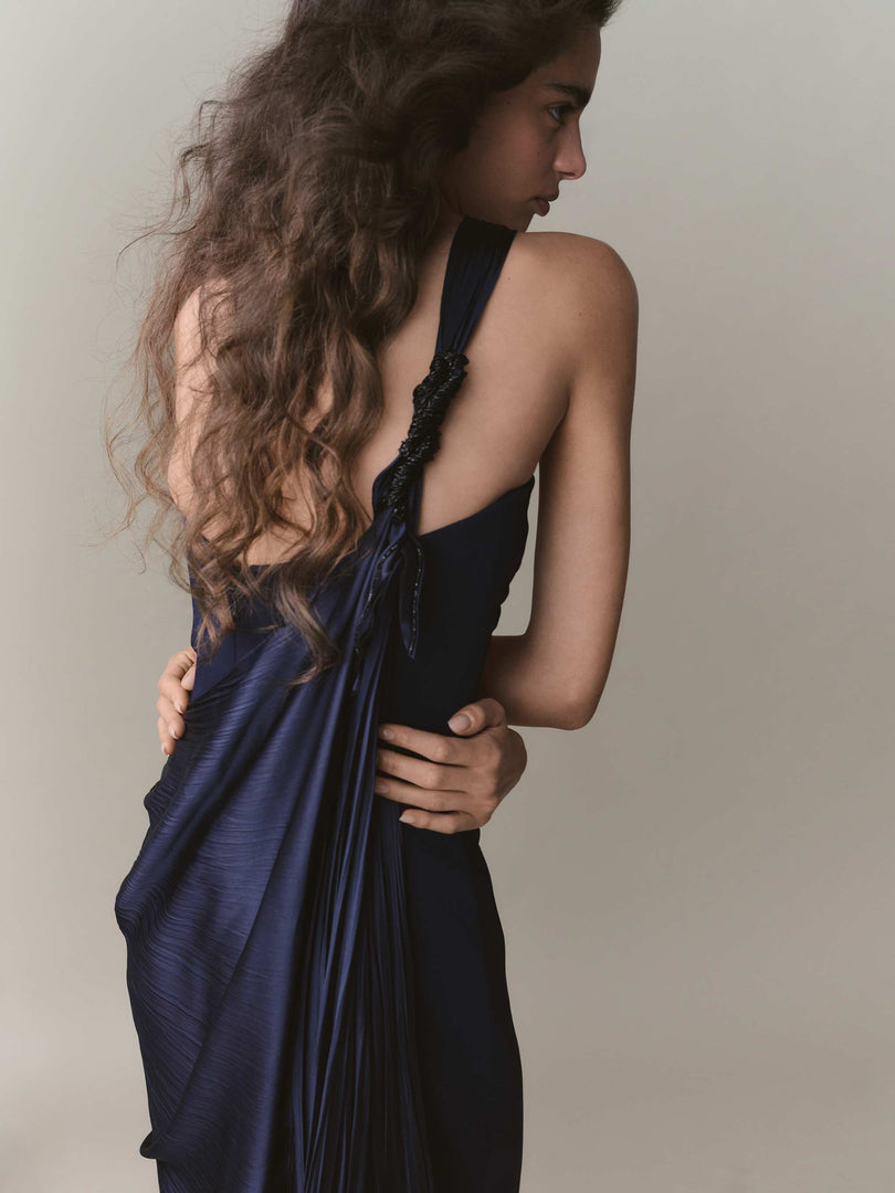 Strapless Crepe Dress With Pleated Satin Cape And Embroidery Brooch