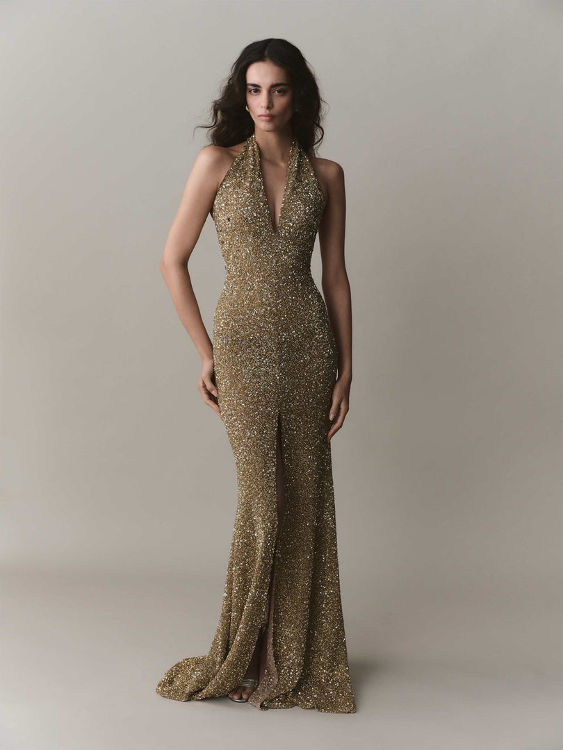 Halter Neck Embroidered Dress With Slit