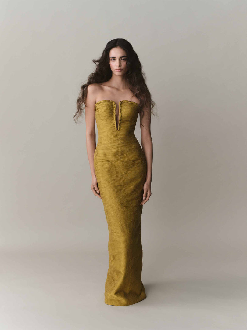 Strapless Pleated Silk Dress And Detachable Cape