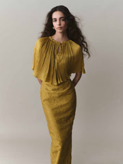 Strapless Pleated Silk Dress And Detachable Cape