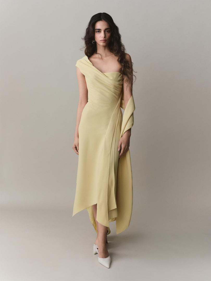 One Shoulder Crepe Dress With Wiring Outline