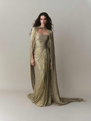 Strapless Pleated Silk Dress With Slit And Detachable Cape
