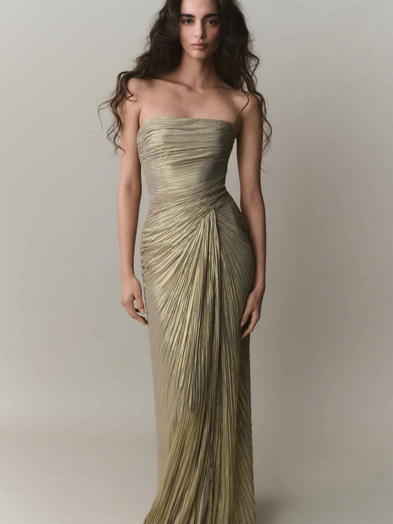 Strapless Pleated Silk Dress With Slit And Detachable Cape