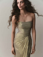 Load image into Gallery viewer, Strapless Pleated Silk Dress With Slit And Detachable Cape