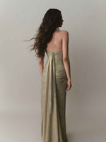Load image into Gallery viewer, Strapless Pleated Silk Dress With Slit And Detachable Cape