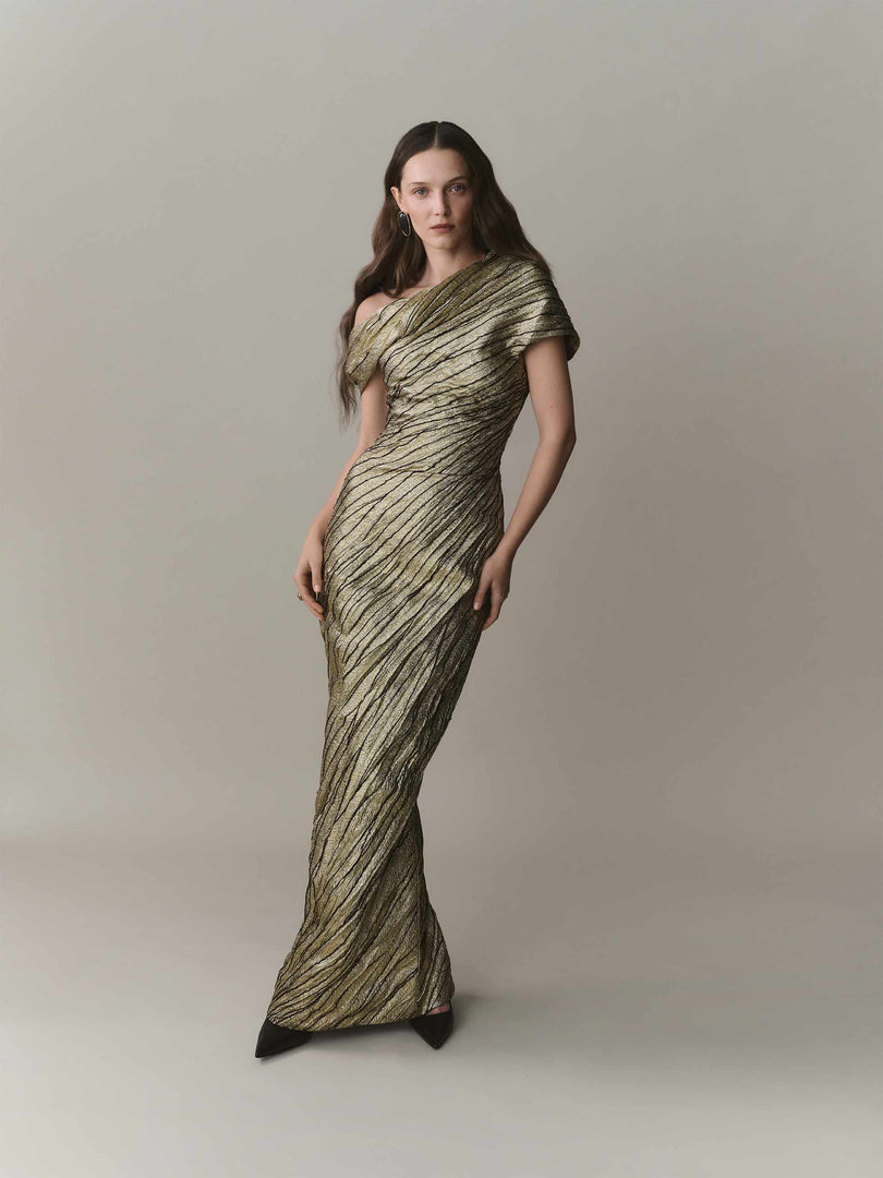 Asymmetrical Brocade Dress With Wiring Outline And Piping Detail