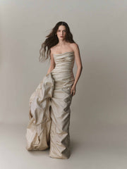 Strapless Brocade Draped With Detachable Over Skirt Dress
