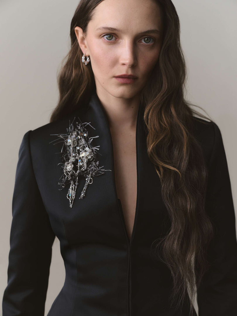 Satin Duchess Jacket With Embroidered Brooch
