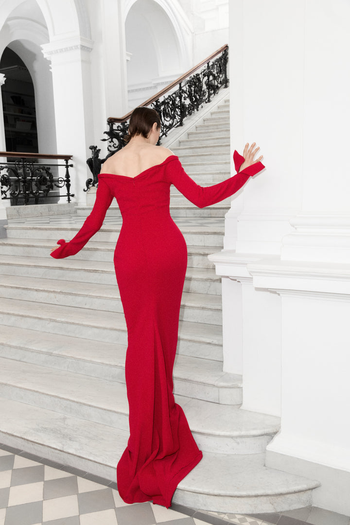 Off-Shoulder Crepe Dress With Draped Outline
