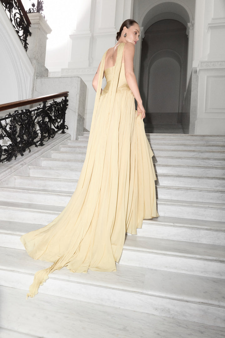 Strapless Hand Pleated Chiffon Silk Dress With Cape