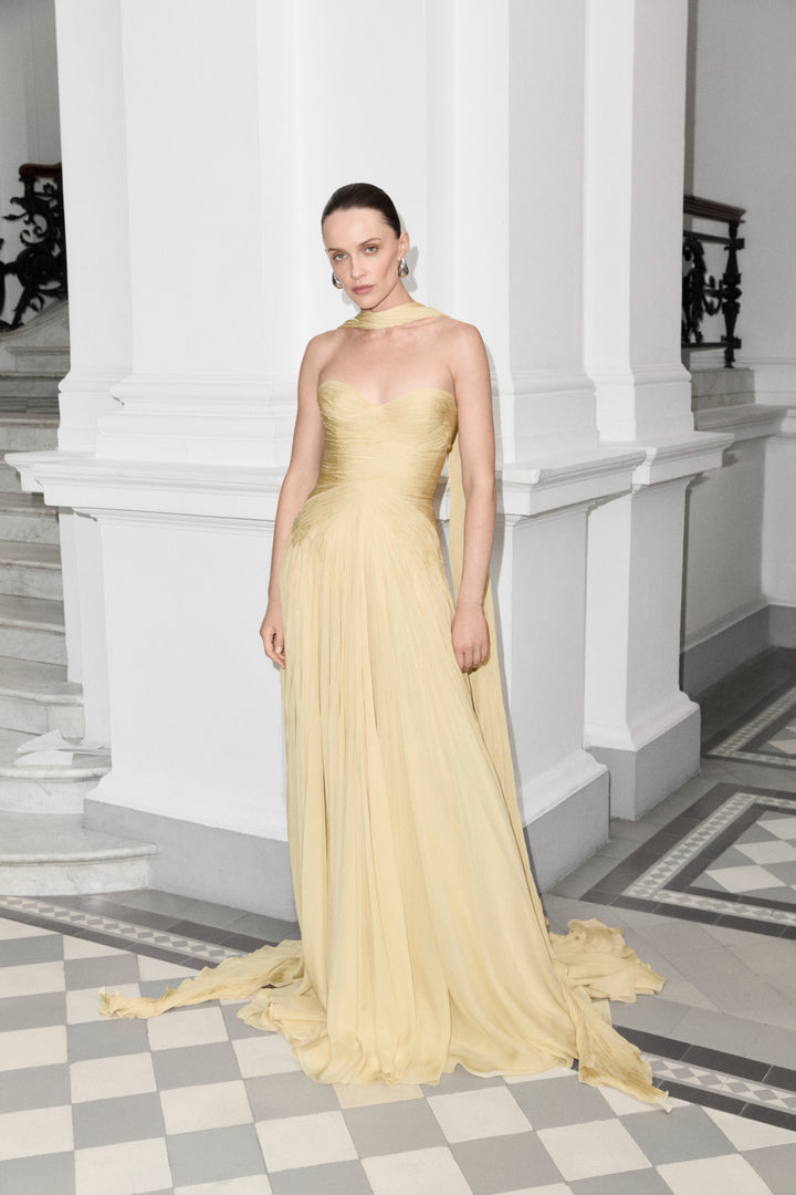 Strapless Hand Pleated Chiffon Silk Dress With Cape