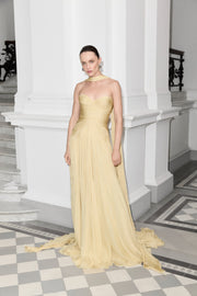 Strapless Hand Pleated Chiffon Silk Dress With Cape