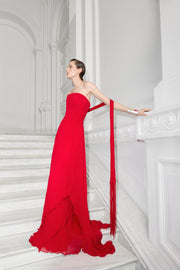 Strapless Pleated Chiffon Dress With Scarf