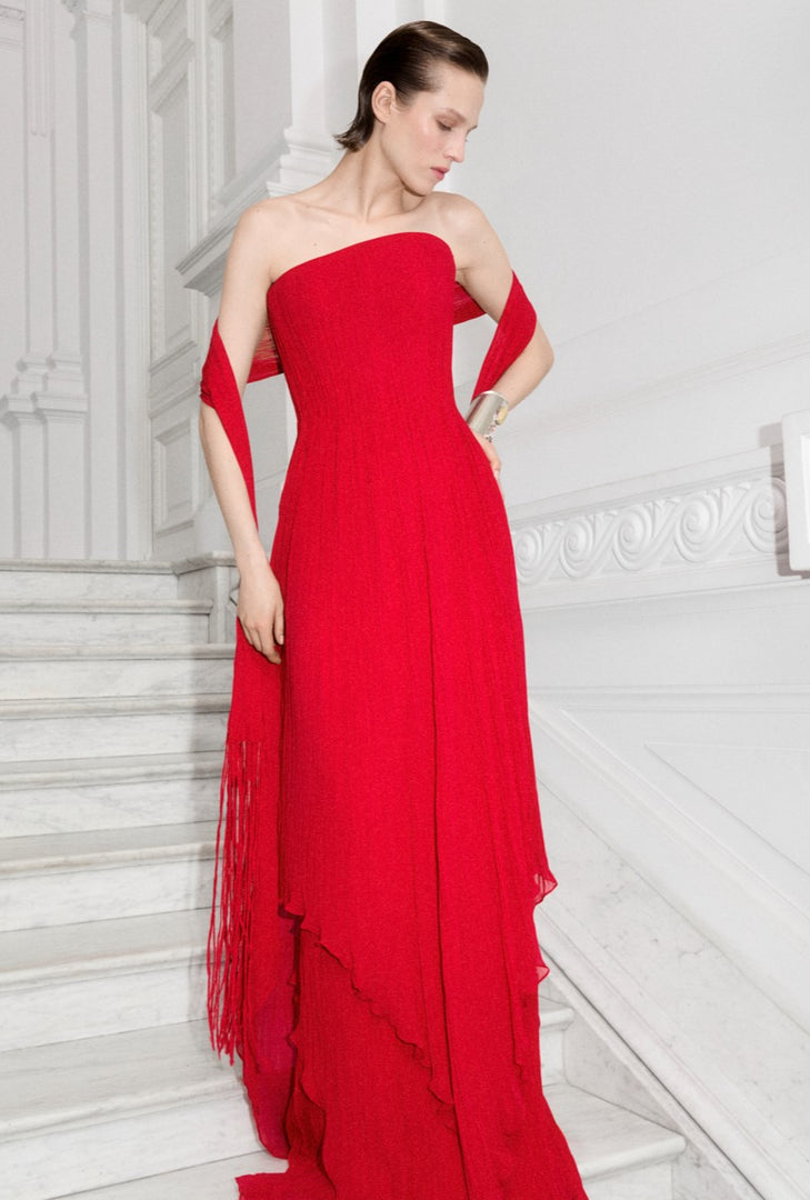 Strapless Pleated Chiffon Dress With Scarf