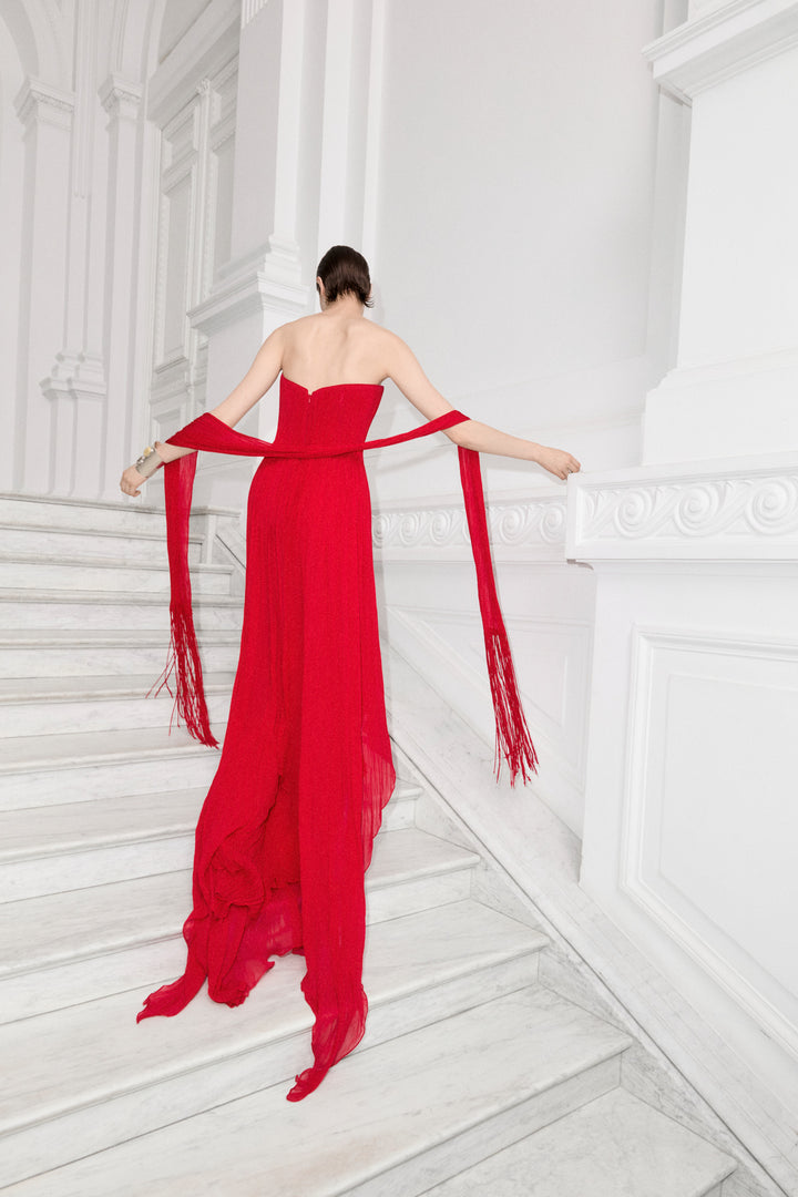 Strapless Pleated Chiffon Dress With Scarf