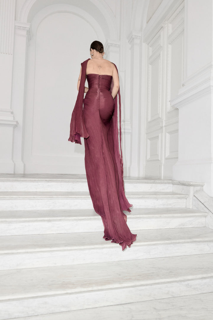 Strapless Pleated Silk Dress With Cape