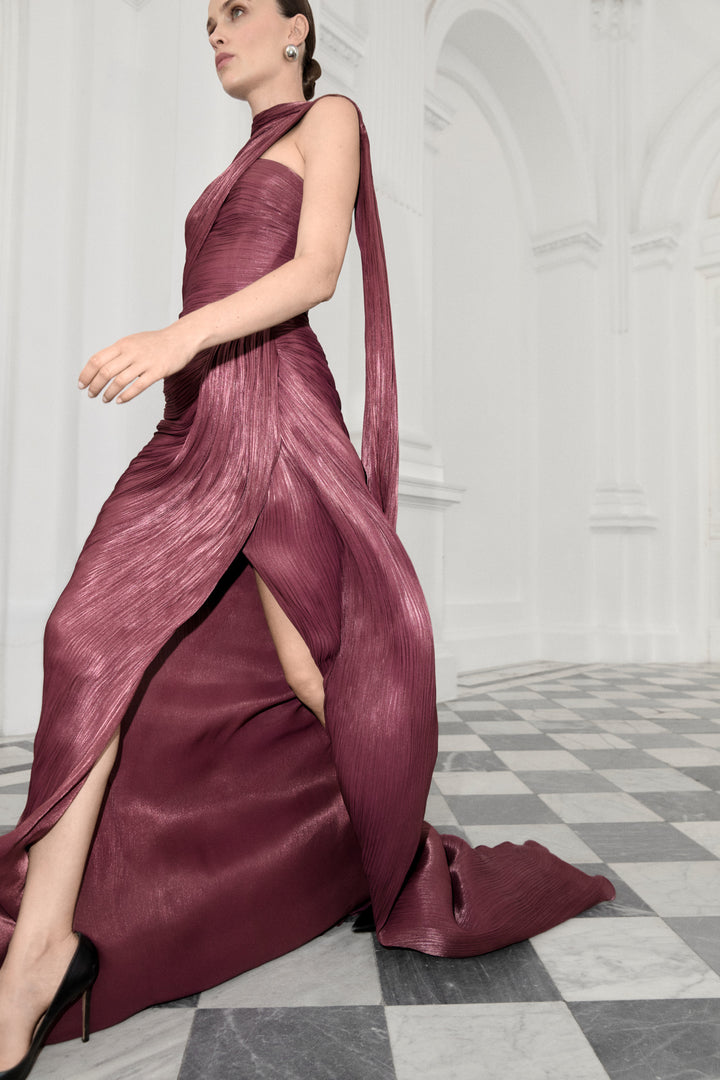 Strapless Pleated Silk Dress With Cape