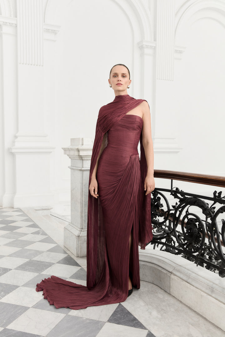 Strapless Pleated Silk Dress With Cape