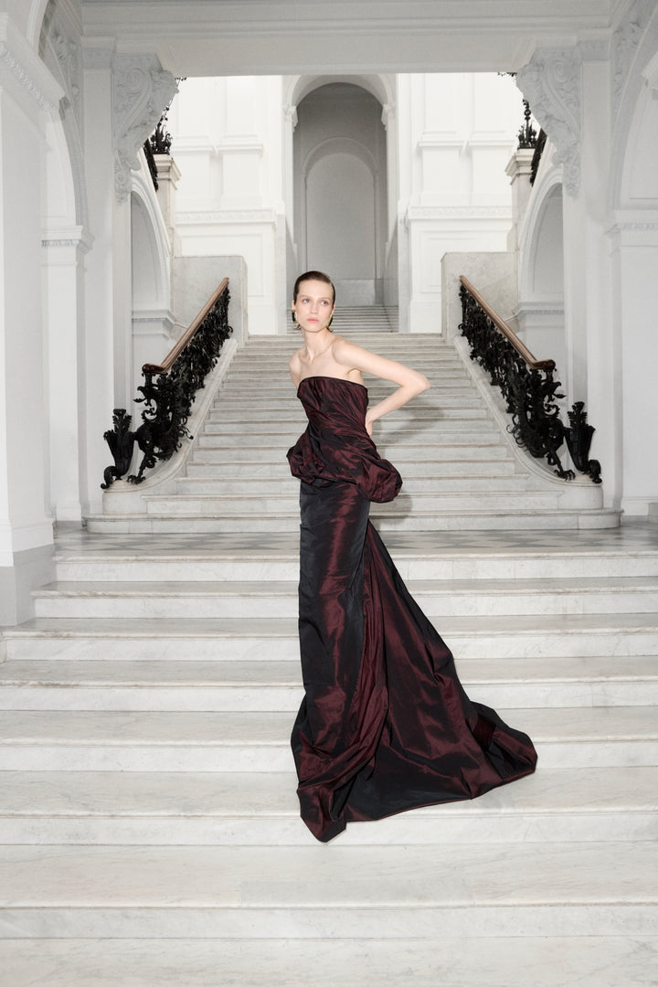Strapless Draped Corseted Taffeta Dress