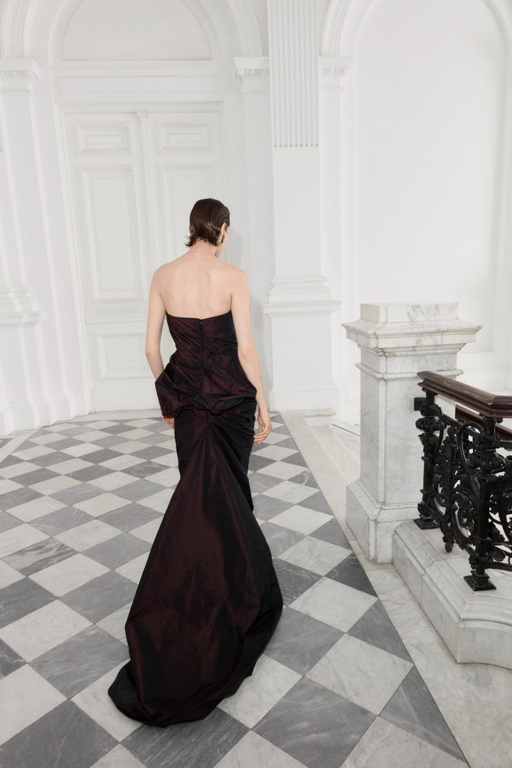 Strapless Draped Corseted Taffeta Dress