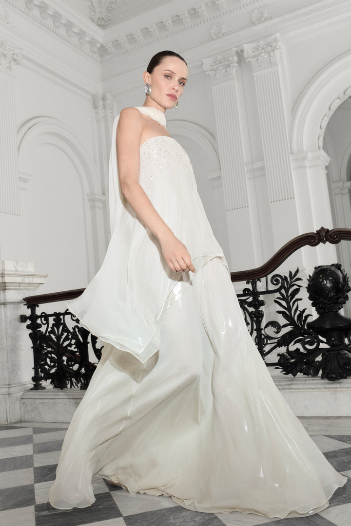 Strapless Silk Chiffon Dress With Embroidery