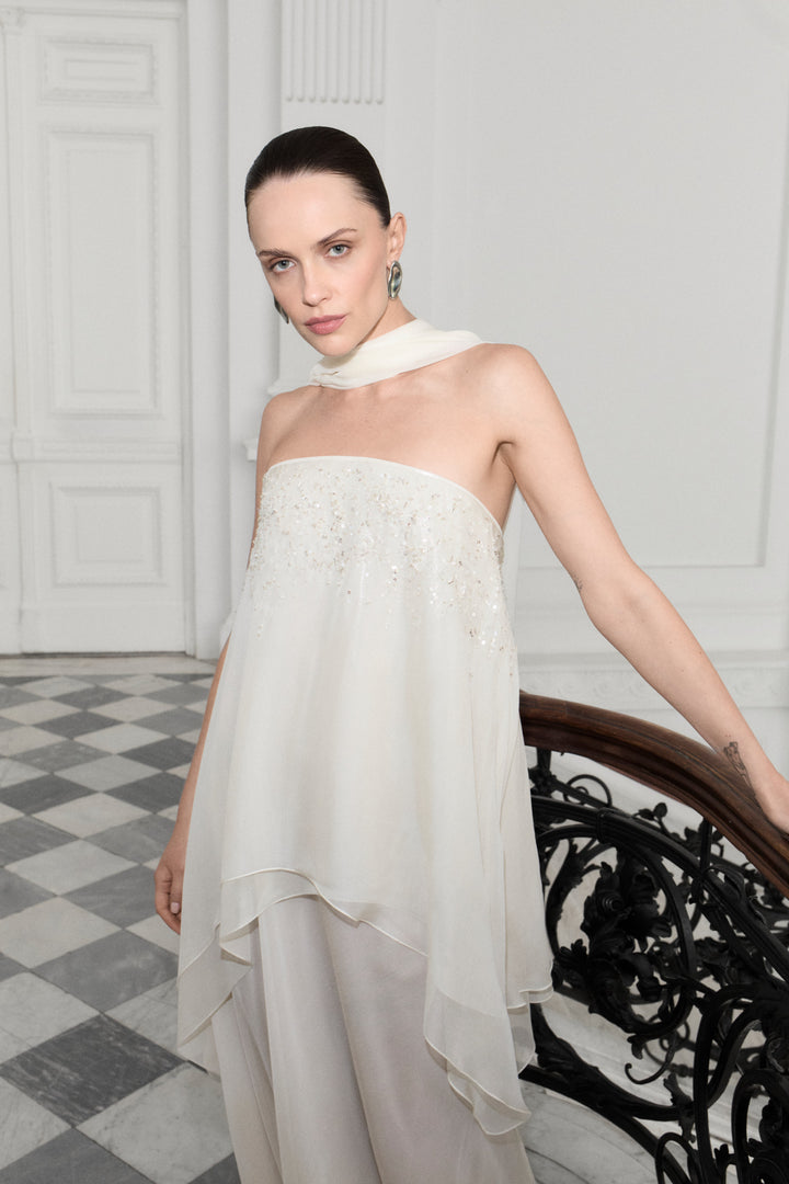 Strapless Silk Chiffon Dress With Embroidery