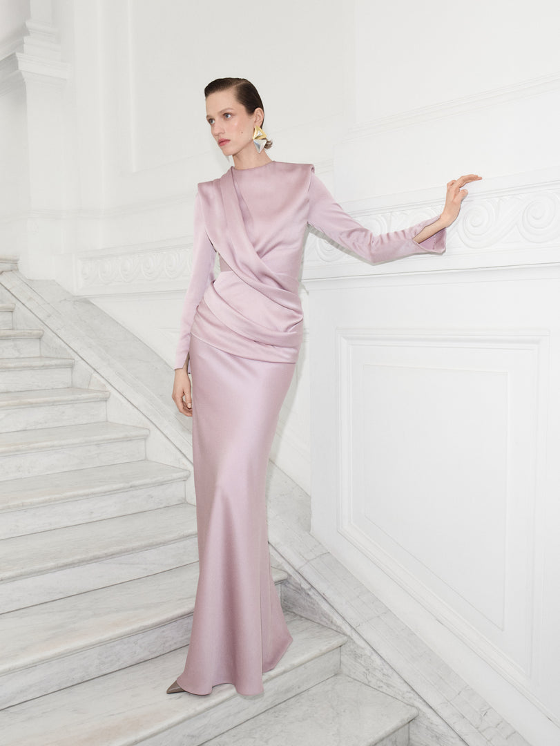 High Neck Draped Satin Dress