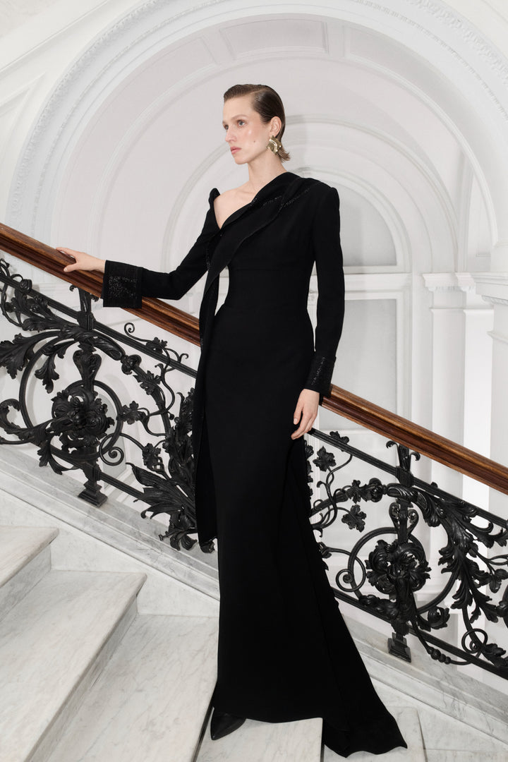 Straight Cut Crepe Dress With Embroidery