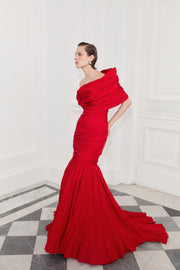 Strapless Pleated Taffeta Fish-Cut Dress With Cape