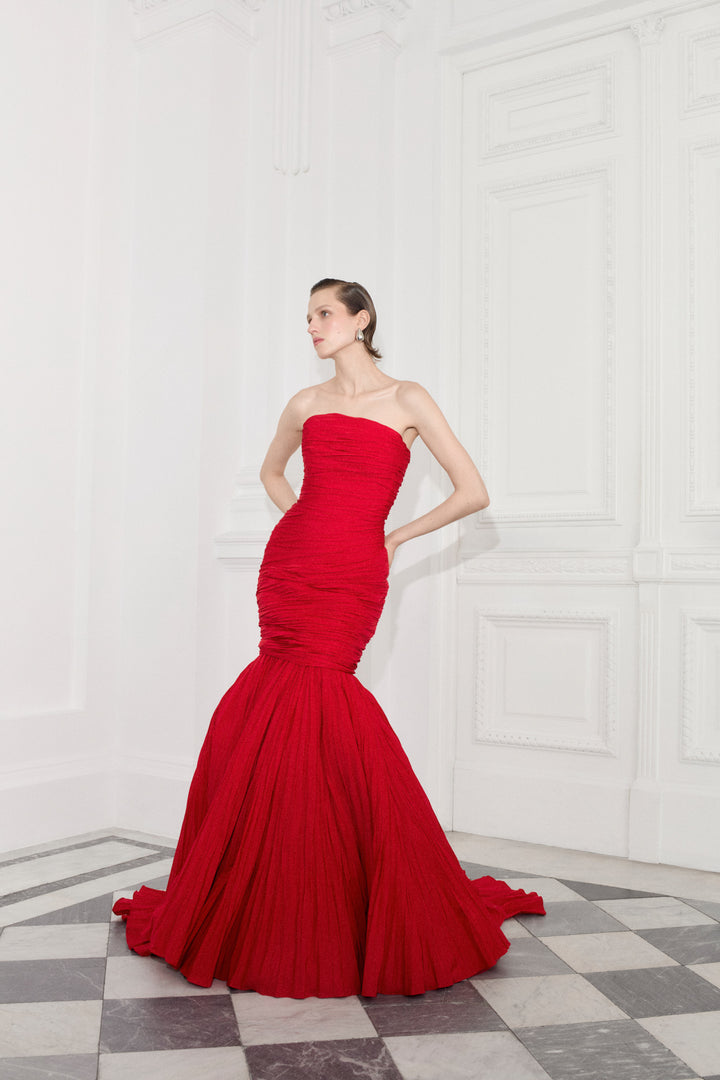 Strapless Pleated Taffeta Fish-Cut Dress With Cape