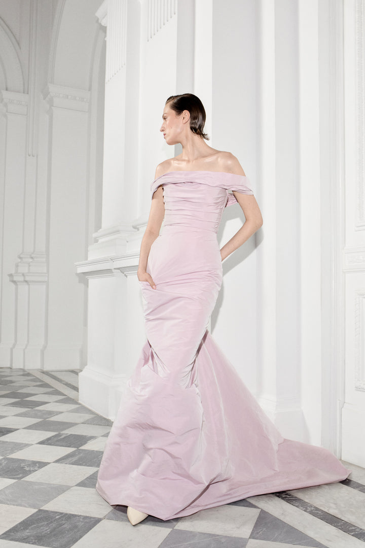 Off-Shoulder Draped Taffeta Dress