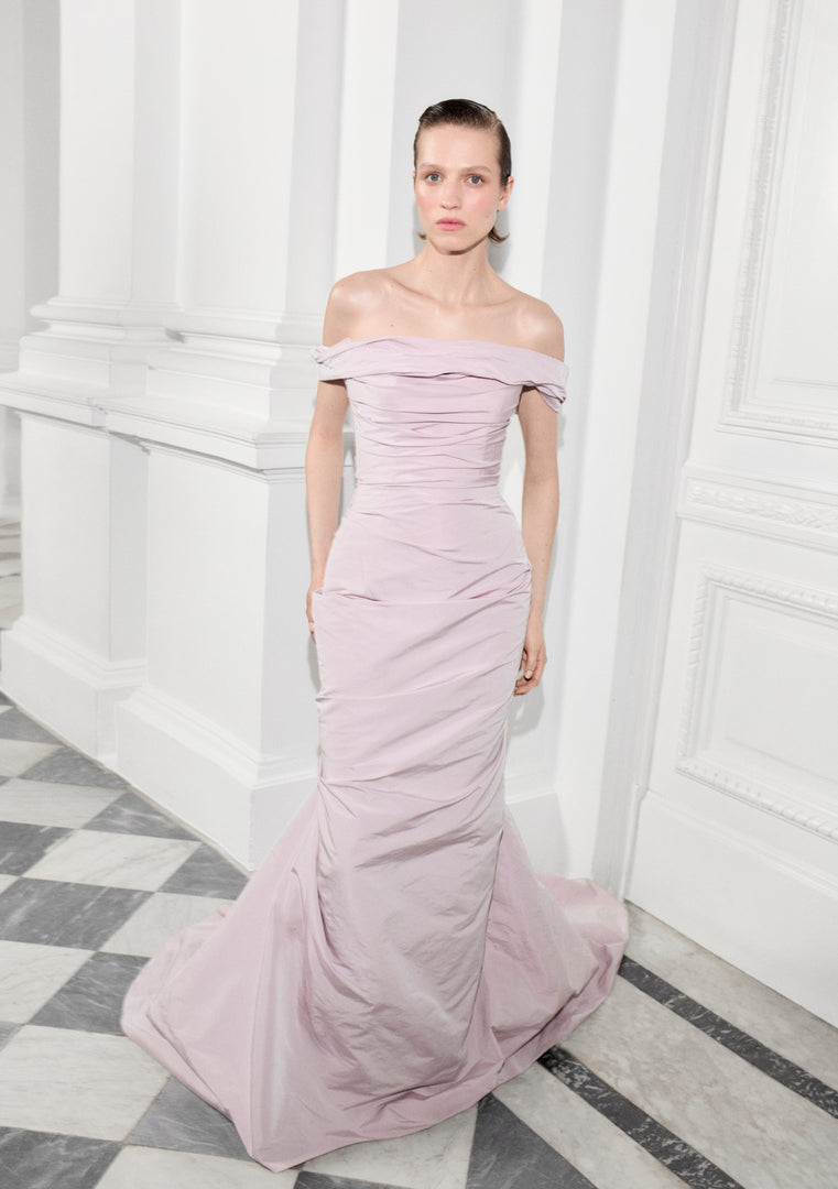 Off-Shoulder Draped Taffeta Dress