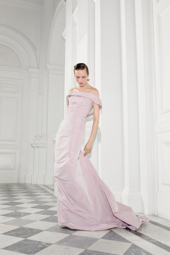 Off-Shoulder Draped Taffeta Dress