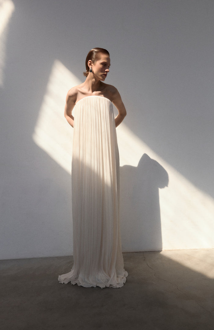Strapless Hand Pleated Silk Dress