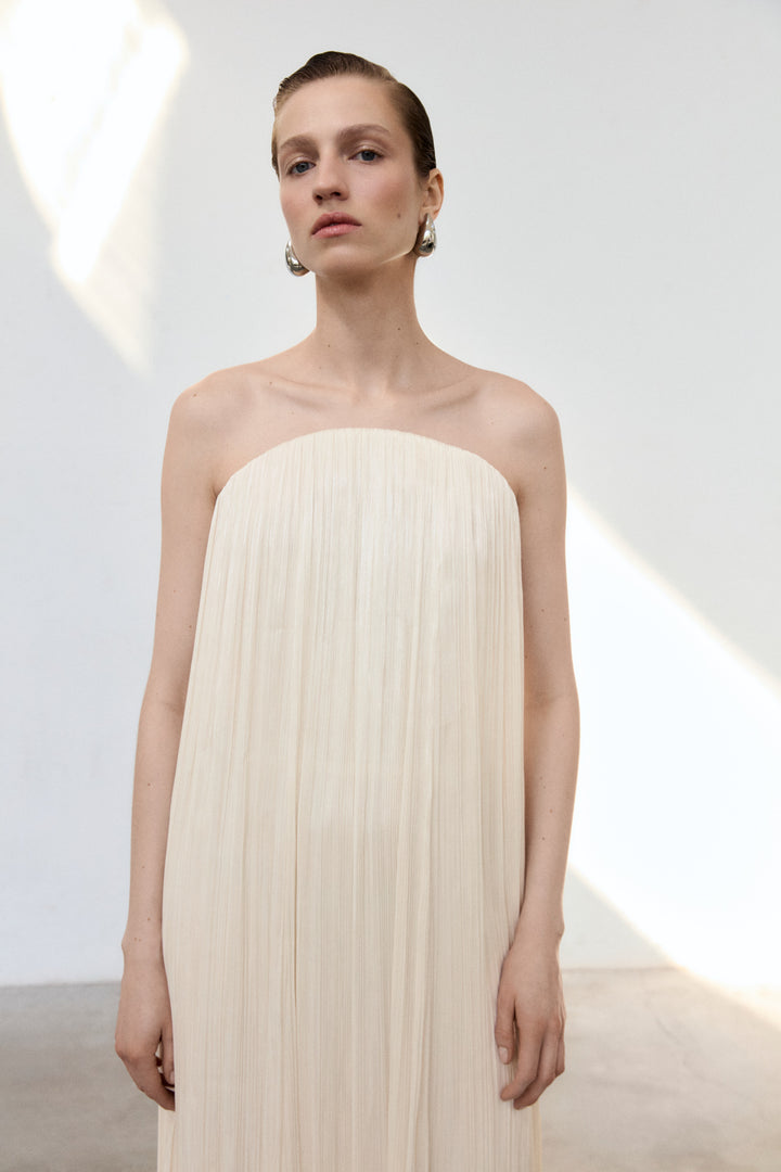 Strapless Hand Pleated Silk Dress